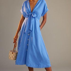 Maeve Blue Gathered Midi Dress - Size 14 Anthropologie